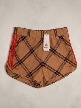 adidas Tan Plaid Bike Shorts with Red Stripes